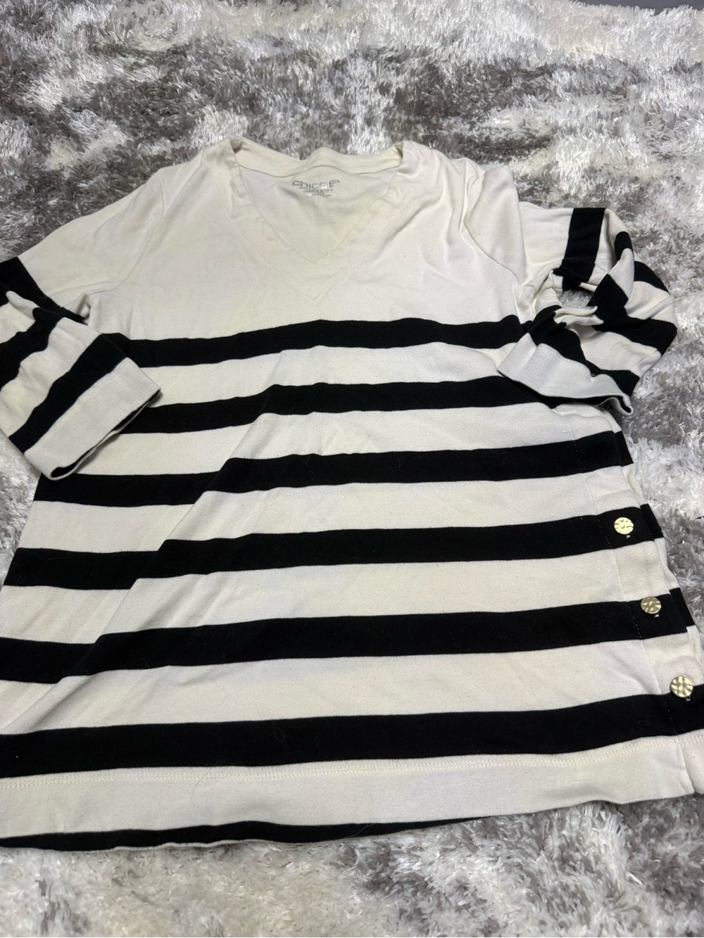 Striped Black & Cream V-Neck Women’s Top Chico’s size 1